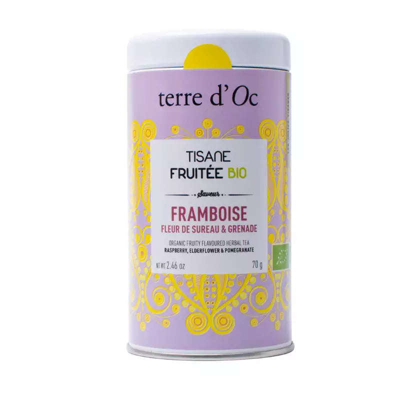 Tisane fruit bio, framboise, fleur de sureau, grenade