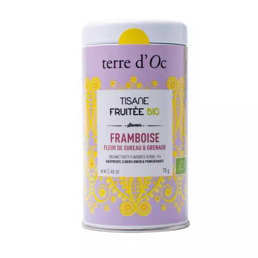 Tisane fruit bio, framboise, fleur de sureau, grenade